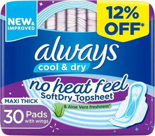Always Cool & Dry Aloe Vera Freshness Maxi Thick Large Pads with Wings, 30 Pieces