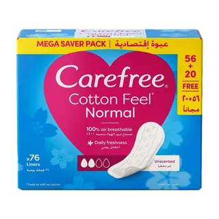 Carefree Daily Cotton Panty Liners Unscented, 76 Pieces