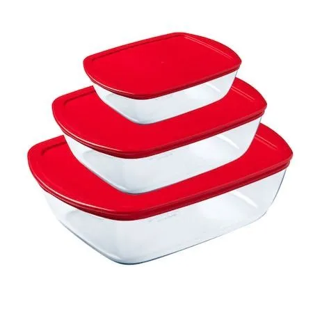 Pyrex Roasters W/ Lids-Red Set Of 3 pcs 2.5+1.1+0.4 L