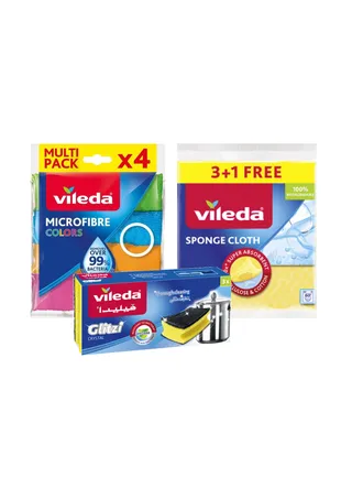 Vileda Sponge Cloth, 3 Pieces + Colors Microfiber Cloth, 4 Sheets + Glitz Sponge, 2 Pieces