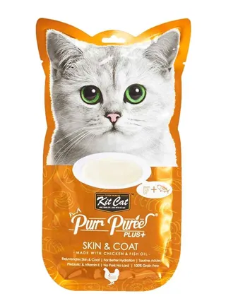 Kit Cat Purr Puree Plus Deboned Skin & Coat Cat Treats with Chicken & Fish Oil, 4x15g