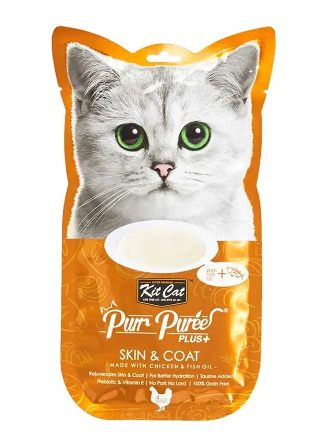 Kit Cat Purr Puree Plus Deboned Skin & Coat Cat Treats with Chicken & Fish Oil, 4x15g