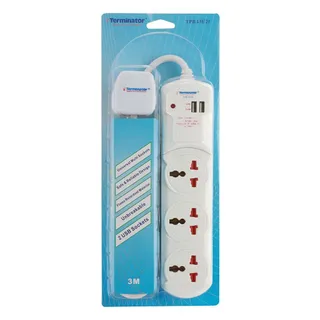 Terminator 3 Way Universal Power Extension Socket 2 USB Socket