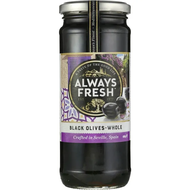 ALWAYS FRESH SPANISH BLACK OLIVES 450GM