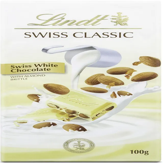 LINDT SWISS CLASSIC CHOCOLATE WHITE WITH ALMOND 100G