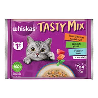 WHISKAS CAT FOOD TUNA SALMON & SPINACH IN JELLY 70GX4